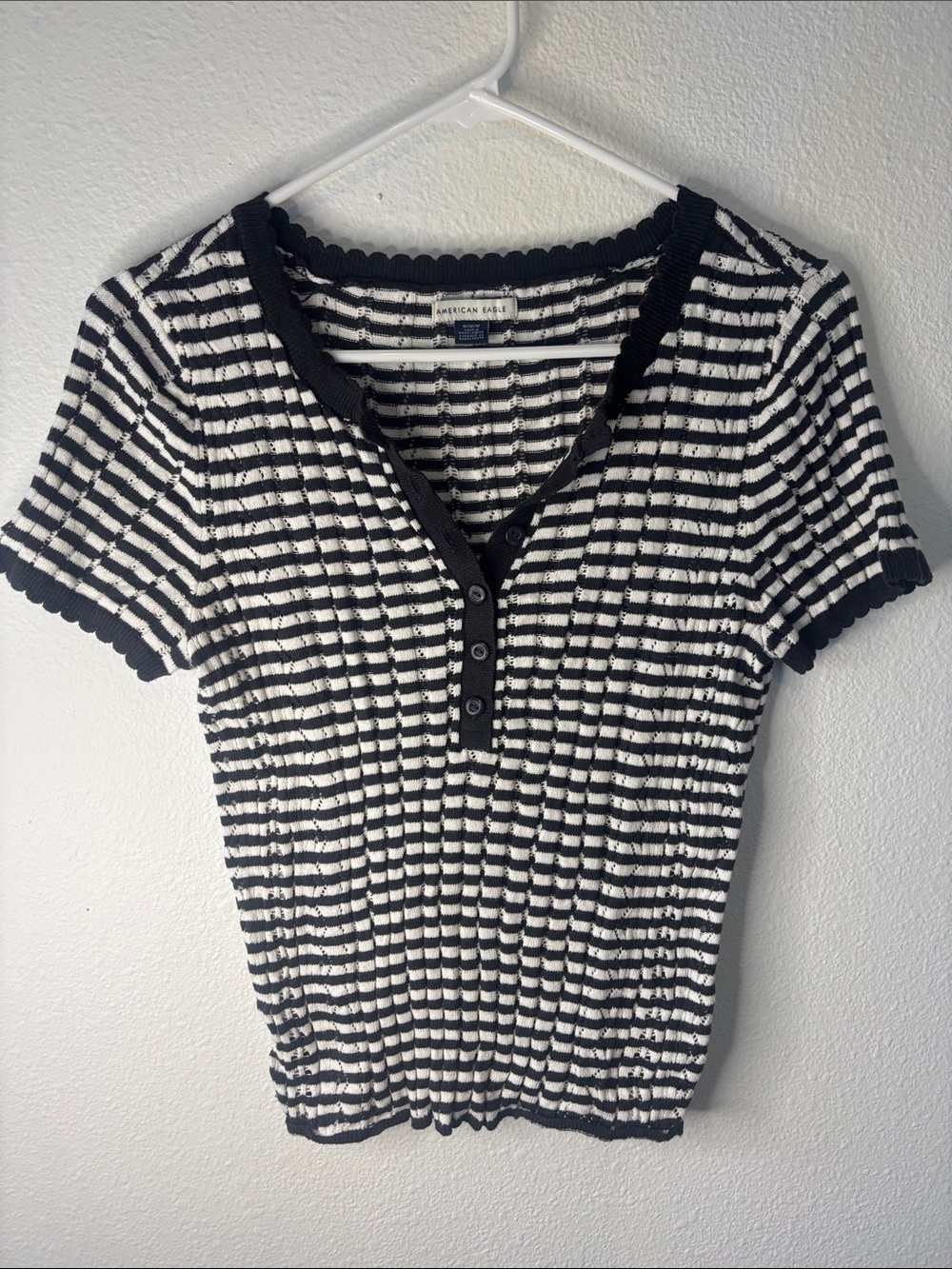 American Eagle Outfitters Black and White Striped Ribbed Henley Tee